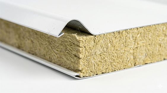 Cross section of Rockwool sandwich panel showing basalt inorganic fiber core