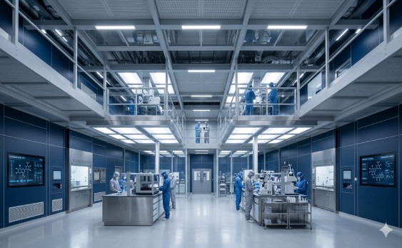 Installation of a walkable HPL ceiling design integrated with a modular cleanroom sandwich panel system