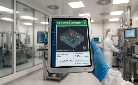 Wonclean ISO 5 cleanroom monitoring interface displaying real-time Class 100 particle concentration and laminar airflow velocity benchmarks.