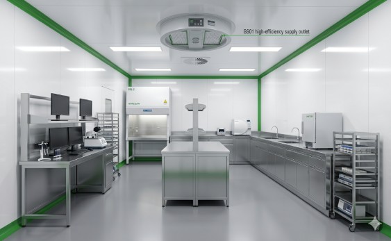 Technical interior of WONCLEAN container lab showing H14 high-efficiency supply outlet and 50mm cleanroom sandwich panel integration