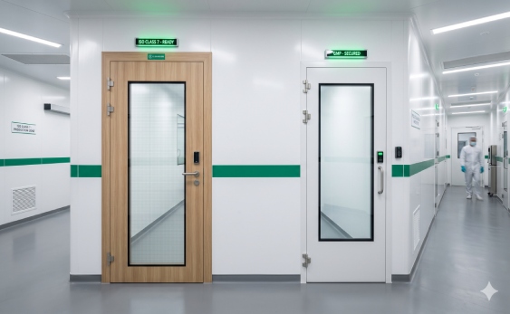 WONCLEAN high-performance flush-mounted cleanroom doors installed within a GMP-compliant sandwich wall partition system