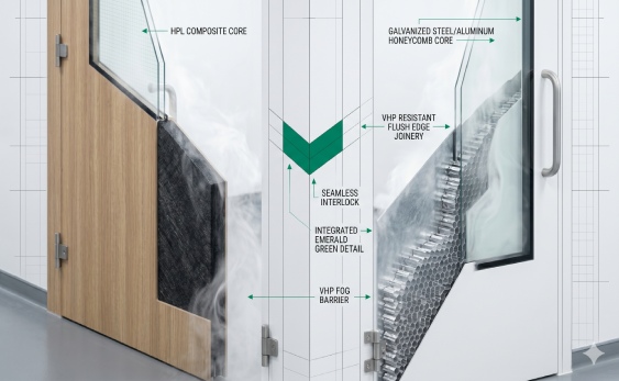 Detailed interior view of a WONCLEAN cleanroom steel door with H14-integrated vision panels and completely flush stainless steel hinges