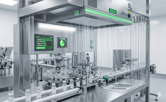 Wonclean Clean Laminar Flow Hood system delivering unidirectional airflow within an ISO 5 sterile filling line