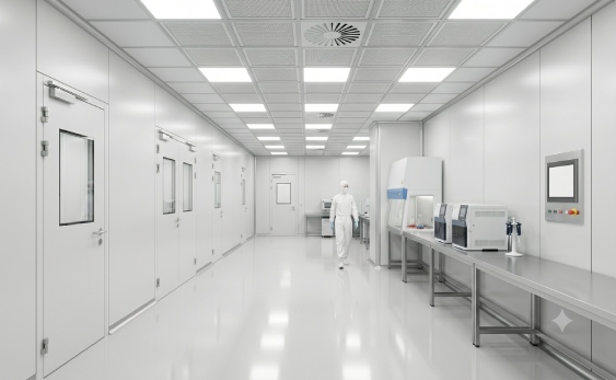 Premium medical pure white HPL sandwich panel walls and integrated FFU ceiling grids inside an ISO 14644-1:2026 compliant facility