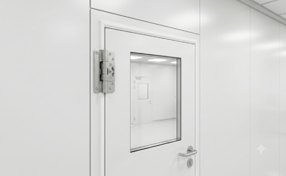 Detailed product shot of a pure white cleanroom HPL door panel utilizing micro-adjustable heavy-duty multi-angle hinges for positive pressure sealing
