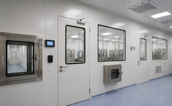 Modular pharmacy clean rooms installation showing modular cleanroom construction with clean room panels, cleanroom ceiling grid, and pharmaceutical utility interfaces