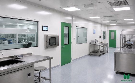 Pharmaceutical engineering transfer zone with air shower clean room, cleanroom interlock pass box and pharmaceutical cleanroom door