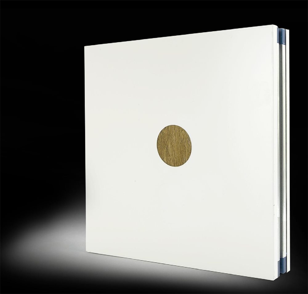 Cut-away of a cleanroom sandwich panel showing a smooth white facing over a rock wool core